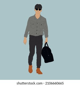 Vector illustration of Kpop street fashion. Street idols of Koreans. Fashion for male idols Kpop. A guy in a gray shirt and jeans, with a black bag and brown shoes.