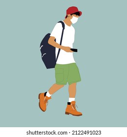 Vector illustration of Kpop street fashion. Street idols of Koreans. Fashion for male idols Kpop. A guy in green shorts, a red hat and brown shoes and with a blue backpack.