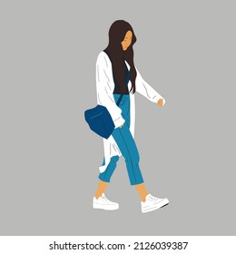 Vector illustration of Kpop street fashion. Street idols of Koreans. Kpop women's fashion idol. A girl in blue jeans and a white cardigan, with a blue bag and white sneakers.