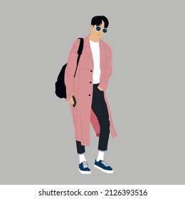 Vector illustration of Kpop street fashion. Street idols of Koreans. Kpop male idol fashion. A guy in blue jeans and a pink raincoat. svg