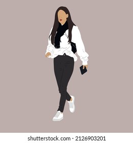 Vector illustration of Kpop street fashion. Street idols of Koreans. K pop female fashion idol. A girl in a white jacket and black jeans and white sneakers.