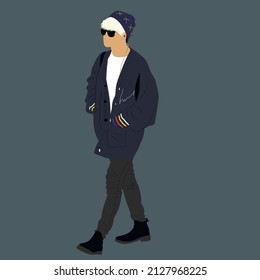 Vector illustration of Kpop street fashion. Street idols of Koreans. Kpop men's fashion idol. The guy is blond in a blue cardigan and trousers and a blue hat and with black glasses. svg
