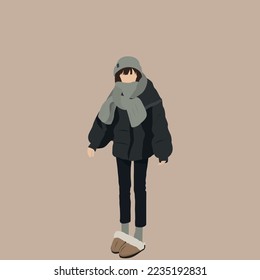 Vector illustration of Kpop street fashion. Street fashion look. Korean japanese asian cartoon style. Winter fashion clothes. 