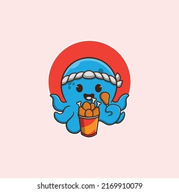 Vector illustration kraken character with fried chicken.