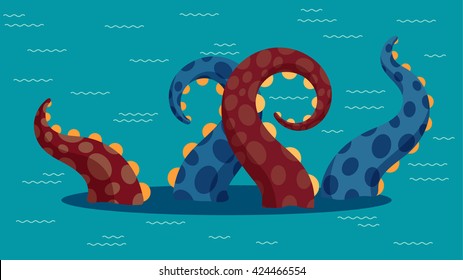 Vector illustration of kraken in ocean. Flat  style.