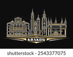 Vector illustration of Krakow, dark horizontal card with linear design famous krakow city scape on nighttime starry sky background, european urban line art concept with unique letters for text krakow