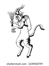 Vector illustration of Krampus carrying a child in a basket