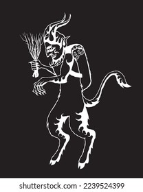 Vector illustration of Krampus carrying a child in a basket