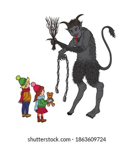 Vector illustration of Krampus with children