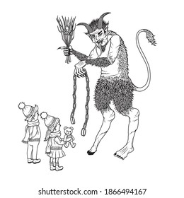 Vector illustration of Krampus with children