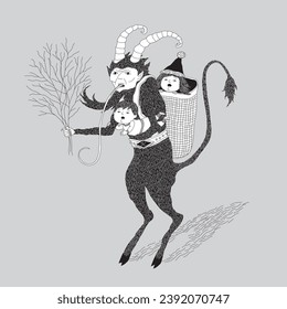Vector illustration of Krampus with children