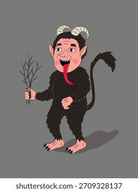 Ilustração vetorial de Krampus segurando ramos de bétula