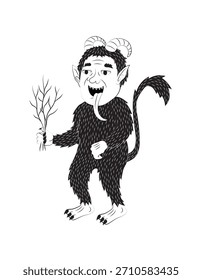 Ilustração vetorial de Krampus segurando ramos de bétula