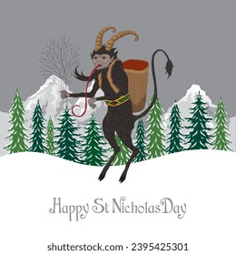 Vector illustration of Krampus with mountain background