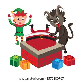 Vector illustration of Krampus pushing Santa Claus down the chimney