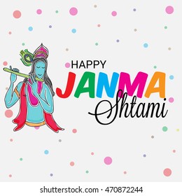 Vector illustration of a Krishna with Colorful Text background for Happy Janmashtami.
