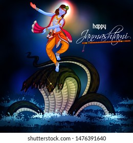 vector illustration of Krishna dancing on Kaliya snake on Happy Janmashtami festival background of India