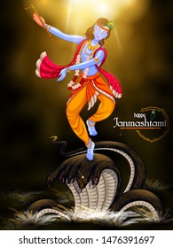 vector illustration of Krishna dancing on Kaliya snake on Happy Janmashtami festival background of India