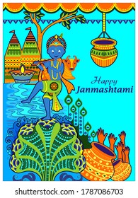 vector illustration of Krishna dancing on Kaliya snake on Happy Janmashtami festival background of India