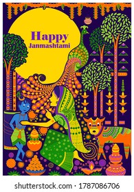 ilustración vectorial de Krishna con flauta en el fondo de Happy Janmashtami