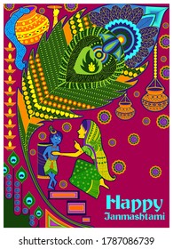 vector illustration of Krishna with flute on Happy Janmashtami background