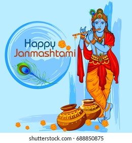 vector illustration of Krishna with flute on Happy Janmashtami background