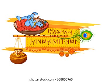 vector illustration of Krishna with flute on Happy Janmashtami background