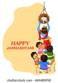 vector illustration of Krishna with friends playing dahi handi in Janmashtami