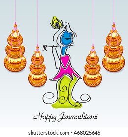 Vector illustration of a Krishna with hanging Dahi Handi for Happy Krishna Janmashtami.