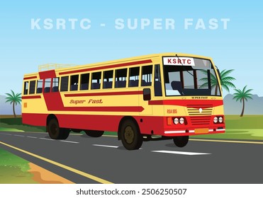 Vector illustration of KSRTC Superfast bus, Kerala State Road Transport Corporation super fast bus vector drawing, Government Public transport of Kerala, India, Local Town Indian public transportation