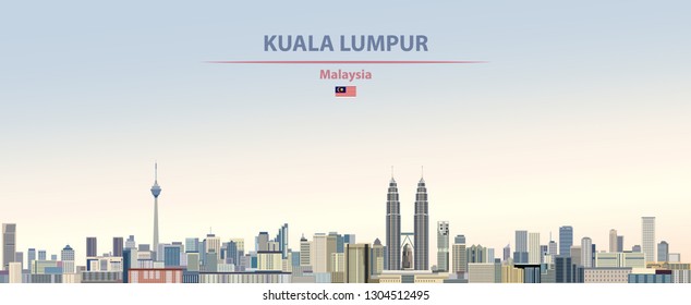 Vector illustration of Kuala Lumpur city skyline on colorful gradient beautiful day sky background with flag of Malaysia