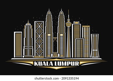 Ilustración vectorial de Kuala Lumpur, afiche horizontal oscuro con diseño lineal y paisaje urbano famoso sobre el fondo del cielo oscuro, concepto de arte urbano asiático con letras decorativas para las palabras kuala lumpur