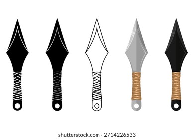 Vector Illustration of Kunai Throwing Knives in Various Styles. Silhouette, Outline, Flat, and Realistic for Gaming, Martial Arts, and Japanese Culture Concepts