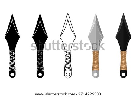 Vector Illustration of Kunai Throwing Knives in Various Styles. Silhouette, Outline, Flat, and Realistic for Gaming, Martial Arts, and Japanese Culture Concepts