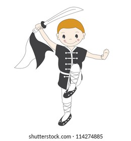 Vector illustration of  kung fu boy  with sword