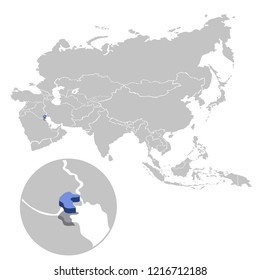 Vector illustration of Kuwait in blue on the grey model of Asia map with zooming replica of country.