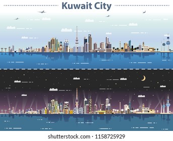 vector illustration of Kuwait city  skyline at day and night