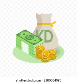 Ilustración vectorial de la moneda dinar kuwait. Patrón aleatorio de billetes y monedas en color verde y oro sobre fondo transparente (PNG). 