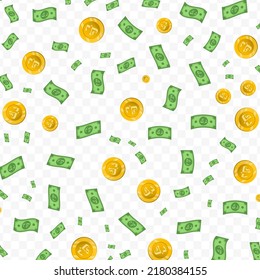 Ilustración vectorial de la moneda dinar kuwait. Patrón aleatorio de billetes y monedas en color verde y oro sobre fondo transparente (PNG). 