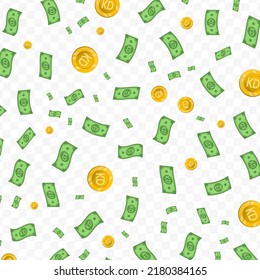 Ilustración vectorial de la moneda dinar kuwait. Patrón aleatorio de billetes y monedas en color verde y oro sobre fondo transparente (PNG). 