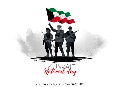 vector illustration. Kuwait National Day, February 25-26. graphic design soldiers defenders stand with Kuwait flag on background of clouds