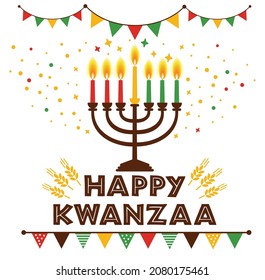 Vector illustration of Kwanzaa. Holiday african symbols with lettering, candles on white background.