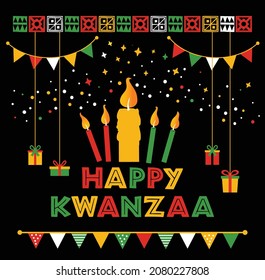 Vector illustration of Kwanzaa. Holiday african symbols with lettering, candles on black background.