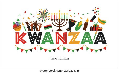 Ilustración vectorial de Kwanzaa. Símbolos africanos de vacaciones con letras en fondo blanco.