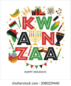 Vector illustration of Kwanzaa. Holiday african symbols with lettering on white background.