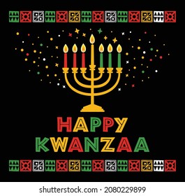 Vector illustration of Kwanzaa. Holiday african symbols with lettering, candles on black background.