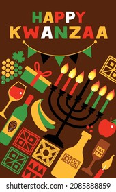 Vector illustration of Kwanzaa. Holiday african symbols with lettering on brown background.