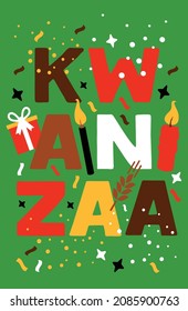 Vector illustration of Kwanzaa. Holiday african symbols with lettering on green background.