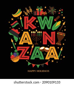 Vector illustration of Kwanzaa. Holiday african symbols with lettering on black background.