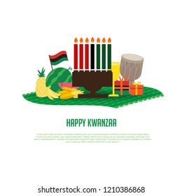 Vector illustration of Kwanzaa. Kwanzaa tradition with candles, glass, fruit on top of a green carpet. suitable for banner, web, greeting card, template, and others